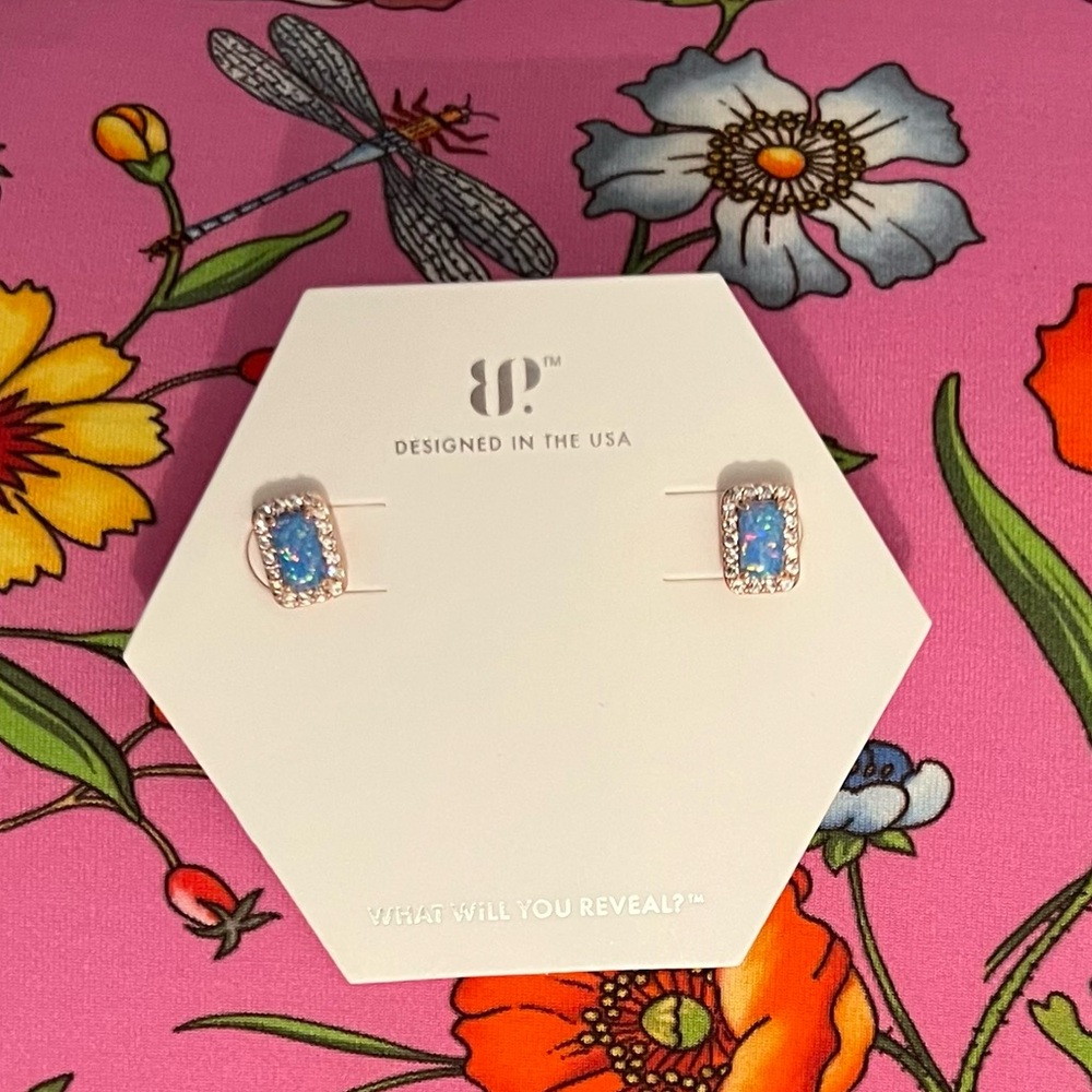 NWT Baublebar Lab Grown Azure Fire Opal Studs w/Rose Gold Plating